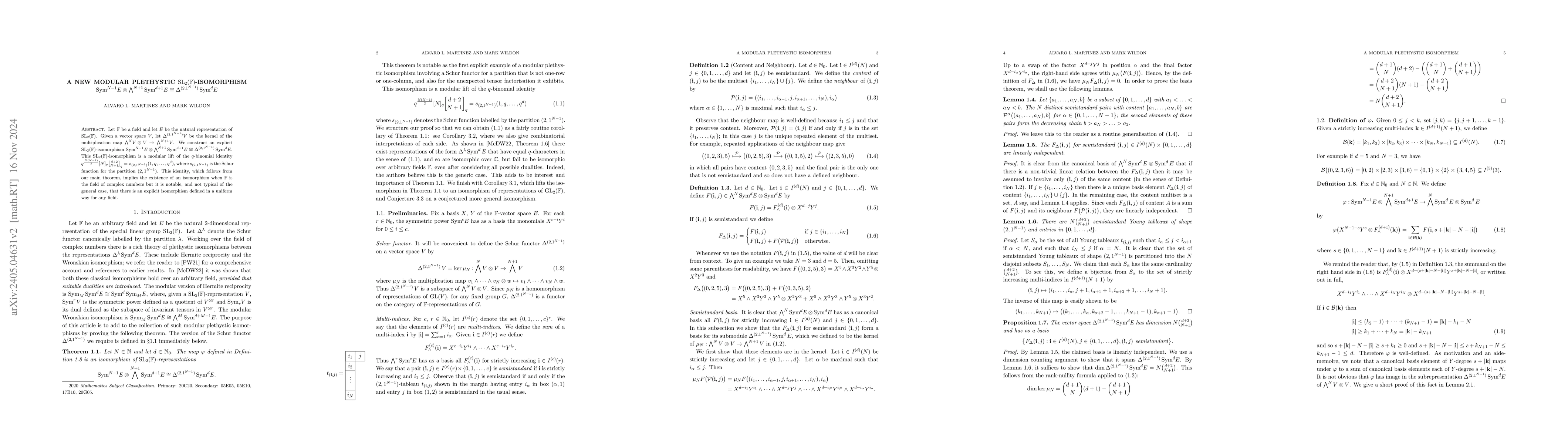 Thumbnail for A new modular plethystic $\mathrm{SL}_2(\mathbb{F})$-isomorphism
  $\mathrm{Sym}^{N-1}E \otimes \bigwedge^{N+1} \mathrm{Sym}^{d+1}E \cong
  \Delta^{(2,1^{N-1})} \mathrm{Sym}^d E$