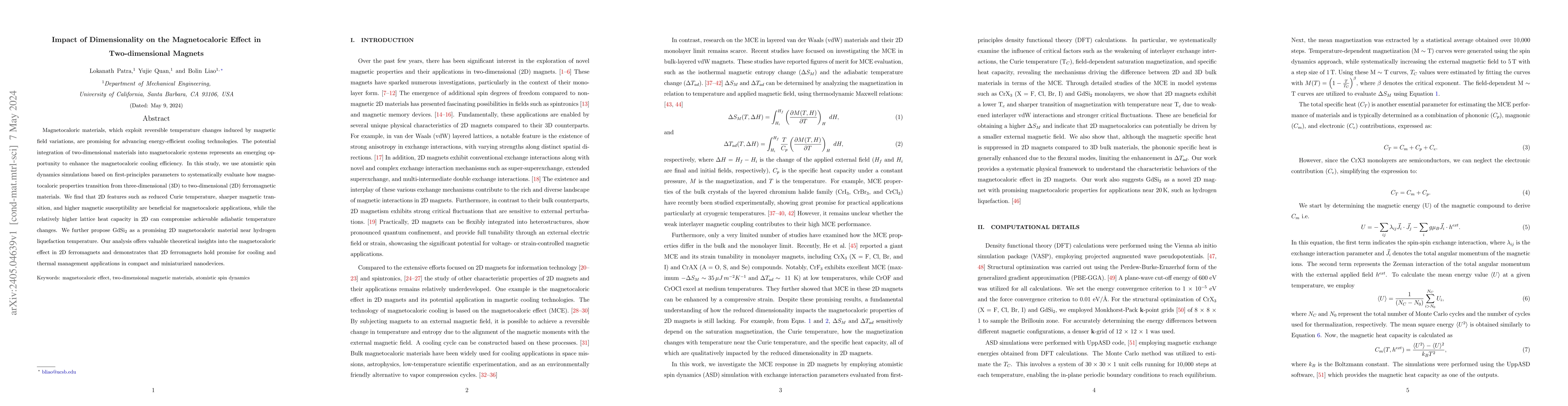 Thumbnail for Impact of Dimensionality on the Magnetocaloric Effect in Two-dimensional
  Magnets