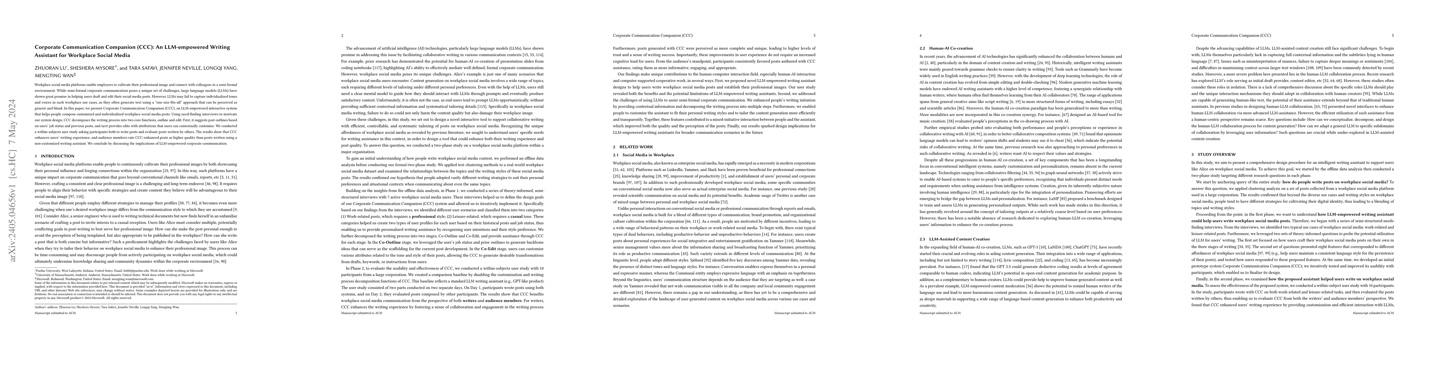 Thumbnail for Corporate Communication Companion (CCC): An LLM-empowered Writing
  Assistant for Workplace Social Media