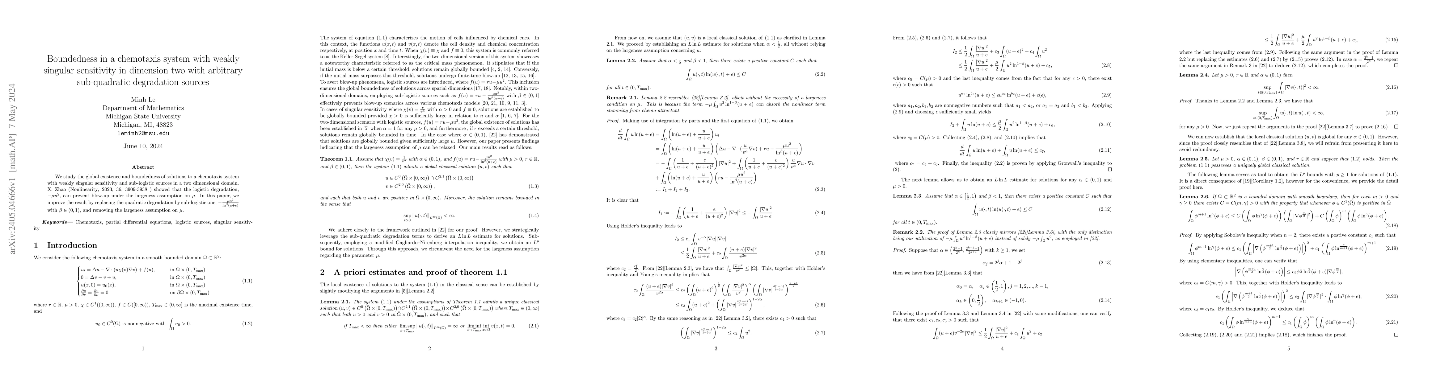 Thumbnail for Boundedness in a chemotaxis system with weakly singular sensitivity in
  dimension two with arbitrary sub-quadratic degradation sources