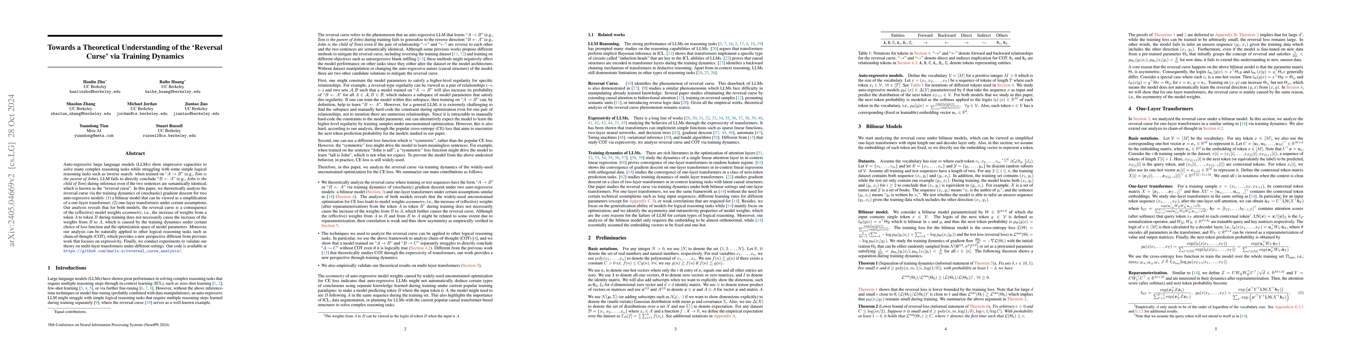 Thumbnail for Towards a Theoretical Understanding of the 'Reversal Curse' via Training
  Dynamics