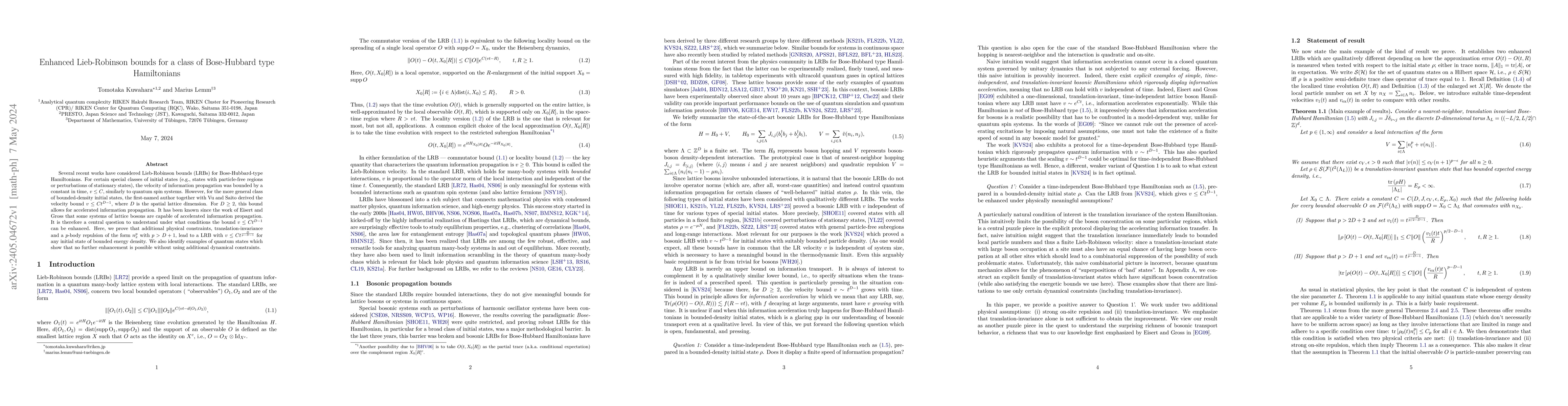 Thumbnail for Enhanced Lieb-Robinson bounds for a class of Bose-Hubbard type
  Hamiltonians