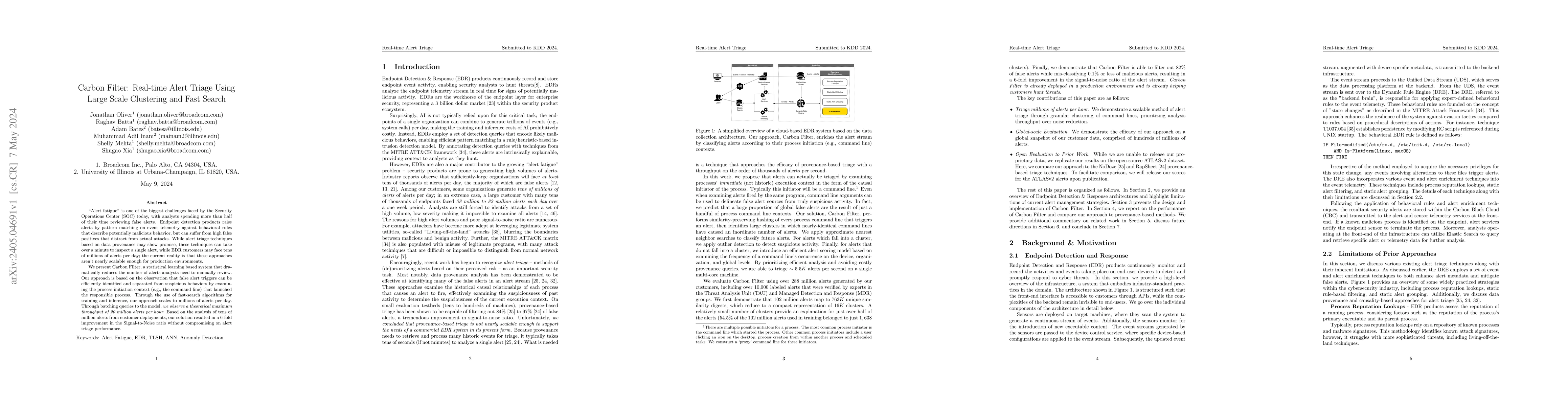 Thumbnail for Carbon Filter: Real-time Alert Triage Using Large Scale Clustering and
  Fast Search