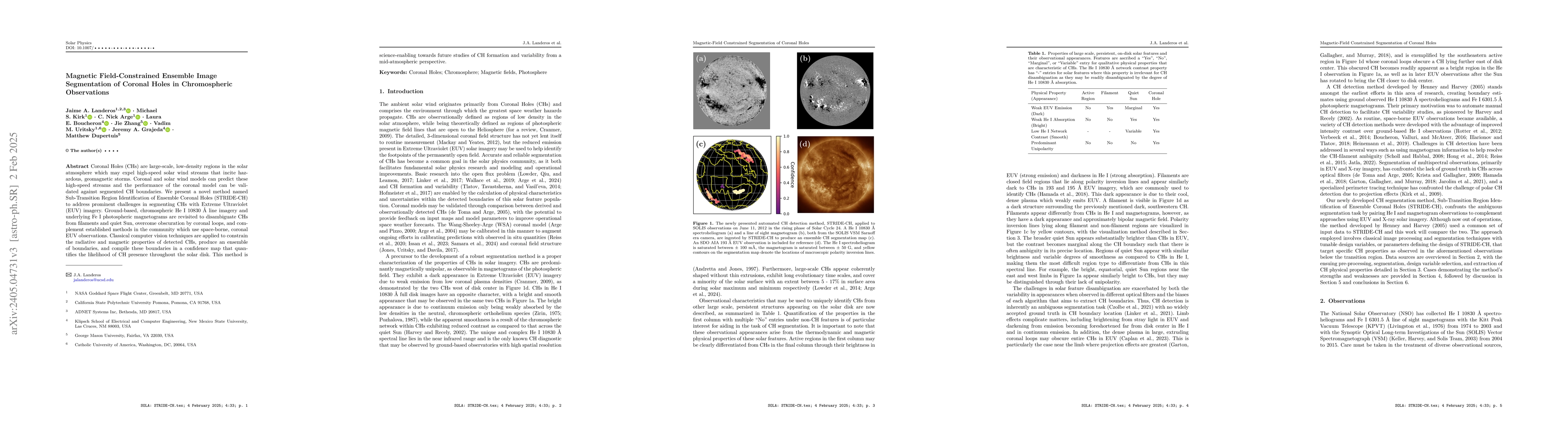 Thumbnail for Magnetic Field-Constrained Ensemble Image Segmentation of Coronal Holes
  in Chromospheric Observations