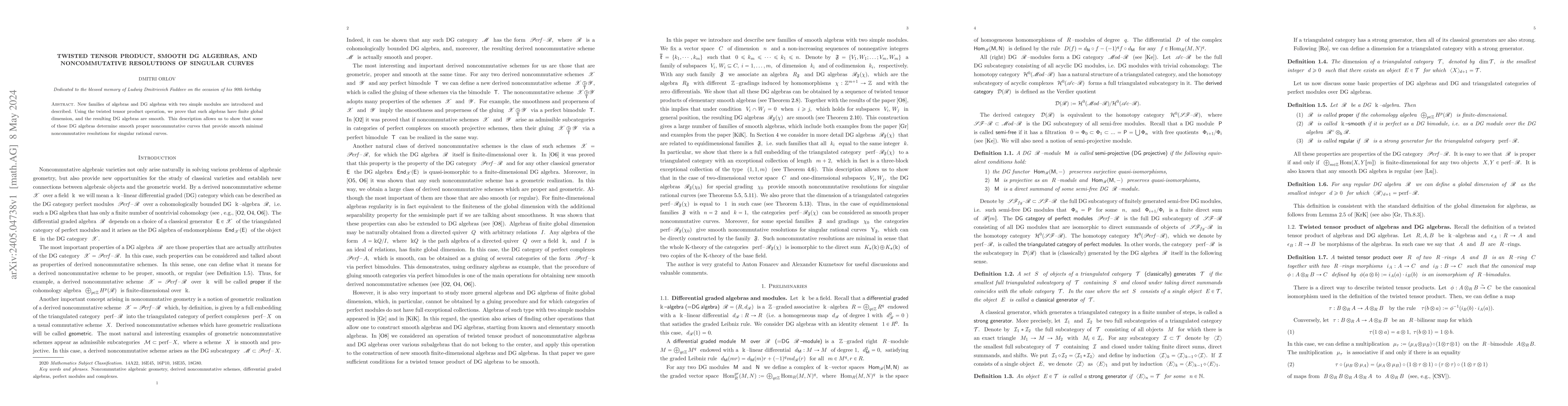 Thumbnail for Twisted tensor product, smooth DG algebras, and noncommutative
  resolutions of singular curves