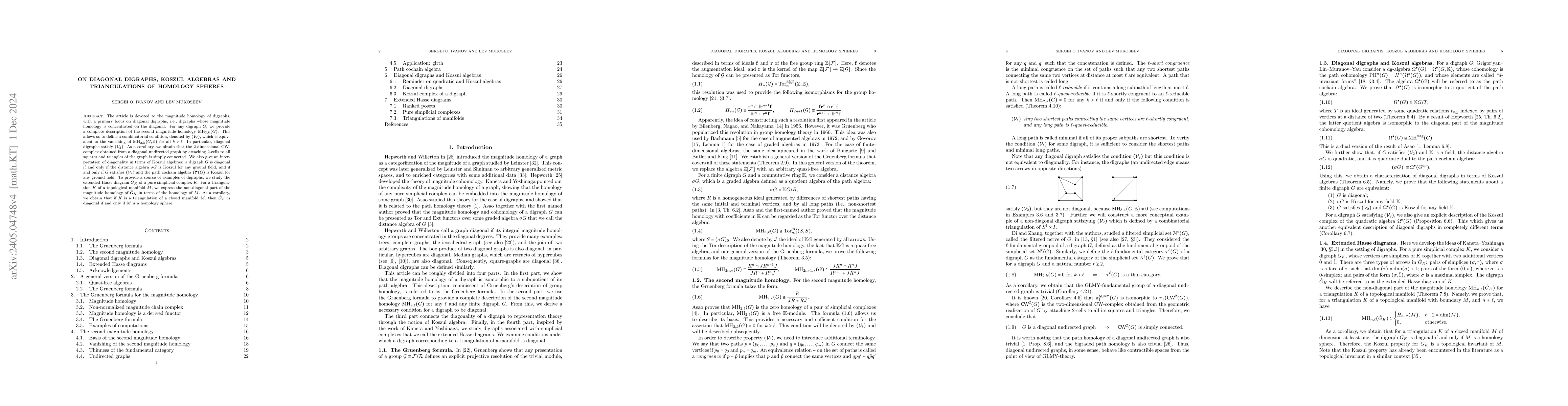 Thumbnail for On diagonal digraphs, Koszul algebras and triangulations of homology
  spheres