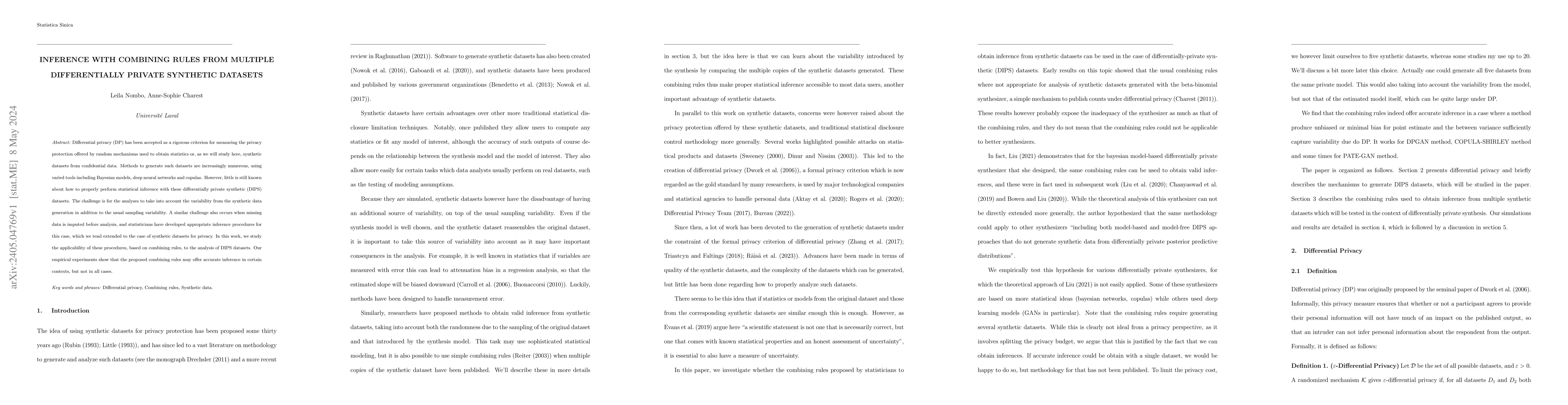 Thumbnail for Inference With Combining Rules From Multiple Differentially Private
  Synthetic Datasets