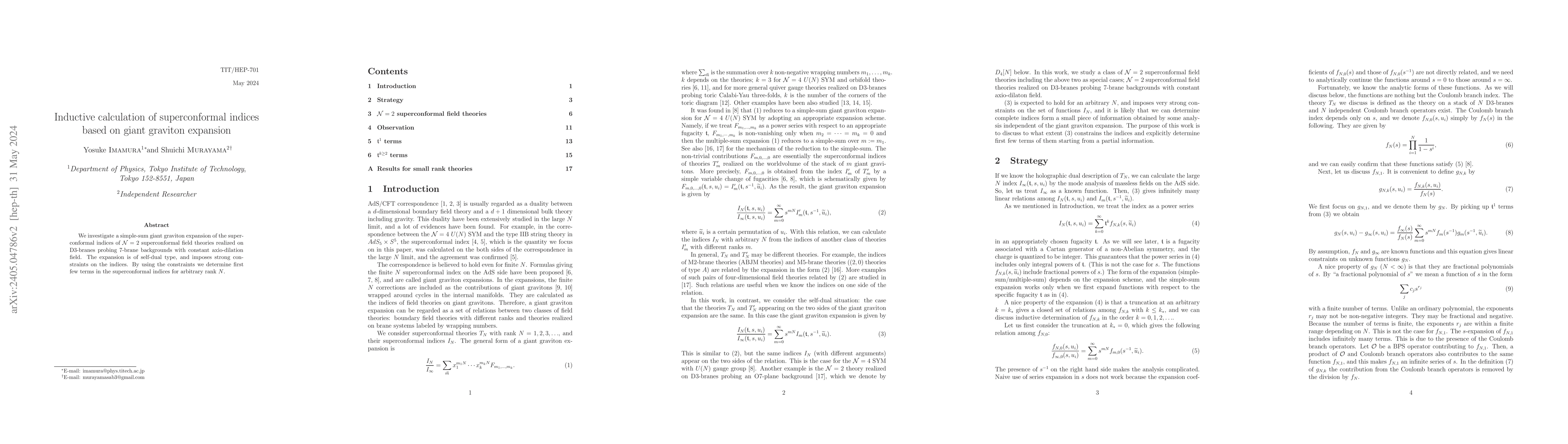 Thumbnail for Inductive calculation of superconformal indices based on giant graviton
  expansion