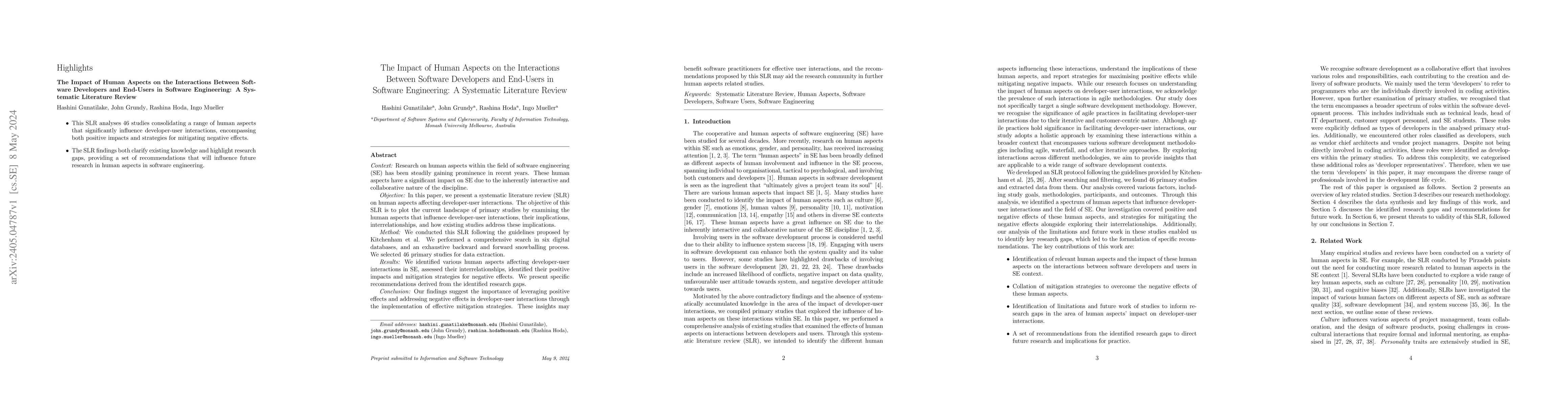 Thumbnail for The Impact of Human Aspects on the Interactions Between Software
  Developers and End-Users in Software Engineering: A Systematic Literature
  Review