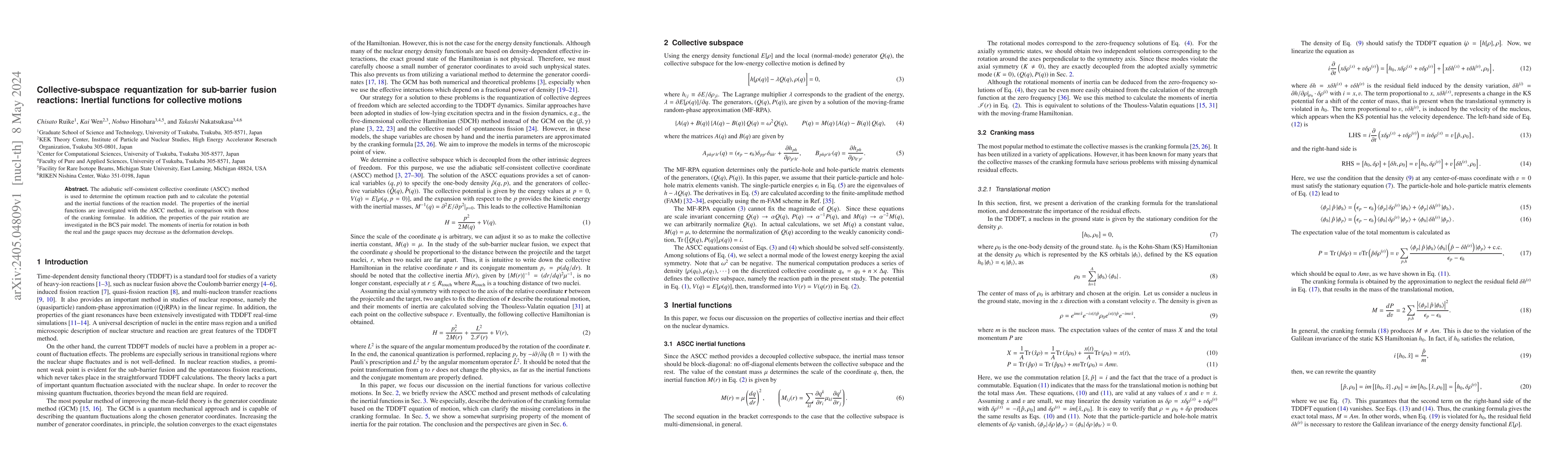 Thumbnail for Collective-subspace requantization for sub-barrier fusion reactions:
  Inertial functions for collective motions