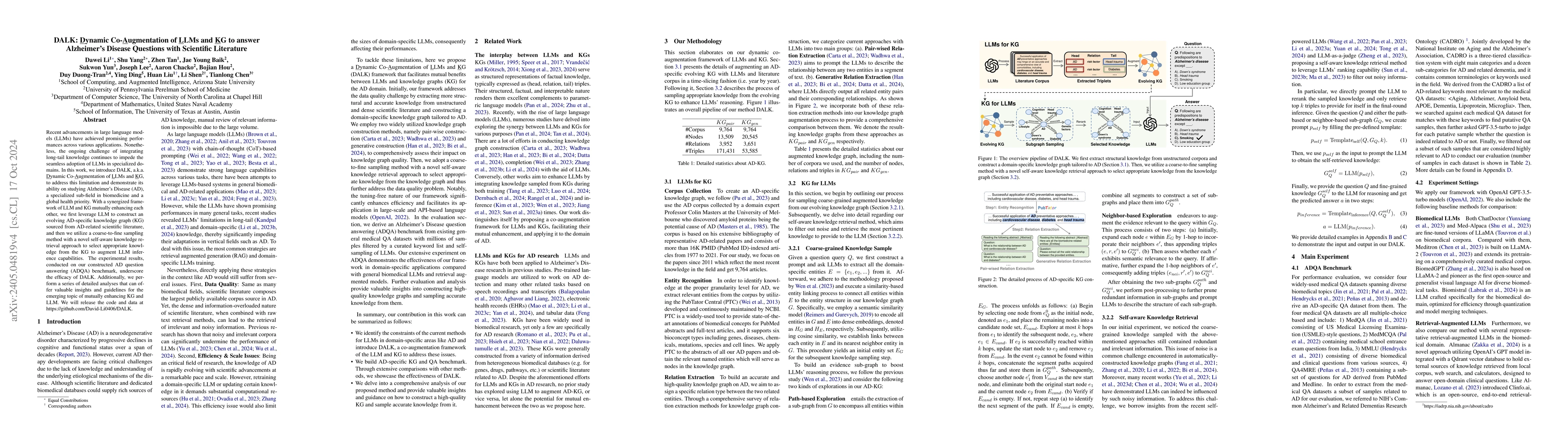 Thumbnail for DALK: Dynamic Co-Augmentation of LLMs and KG to answer Alzheimer's
  Disease Questions with Scientific Literature