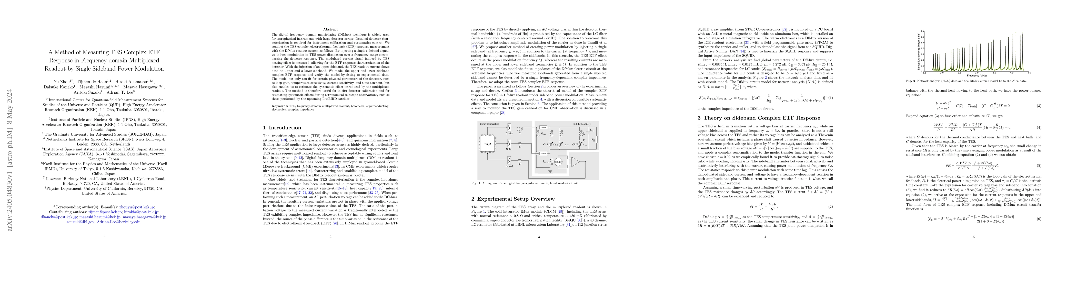 Thumbnail for A Method of Measuring TES Complex ETF Response in Frequency-domain
  Multiplexed Readout by Single Sideband Power Modulation
