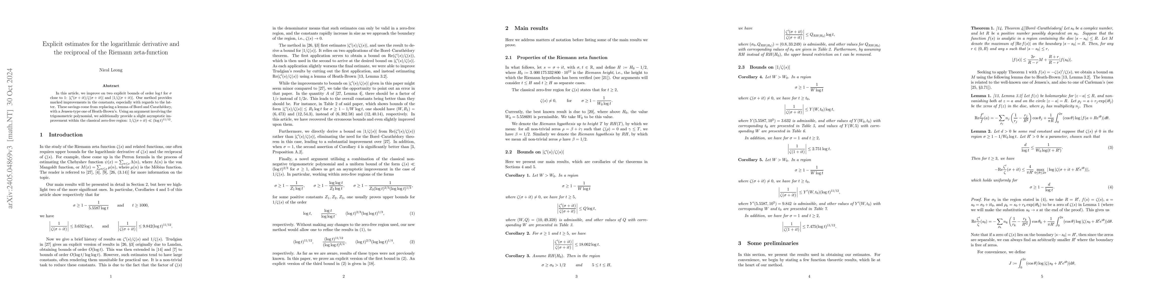Thumbnail for Explicit estimates for the logarithmic derivative and the reciprocal of
  the Riemann zeta-function