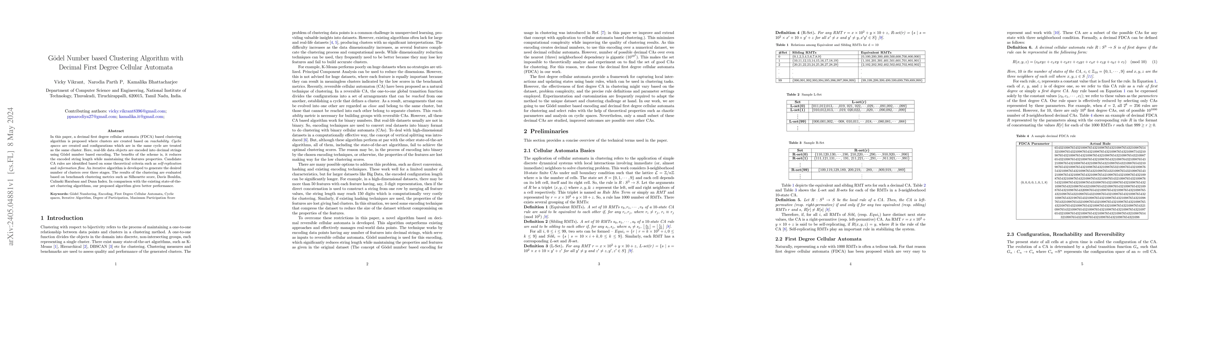 Thumbnail for G\"odel Number based Clustering Algorithm with Decimal First Degree
  Cellular Automata