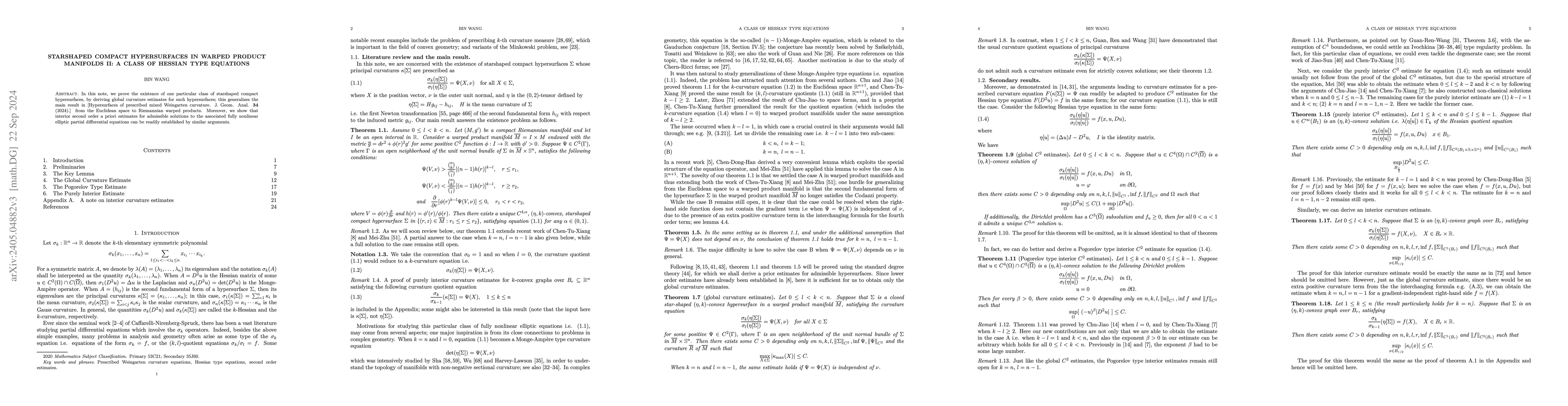Thumbnail for Starshaped compact hypersurfaces in warped product manifolds II: a class
  of Hessian type equations