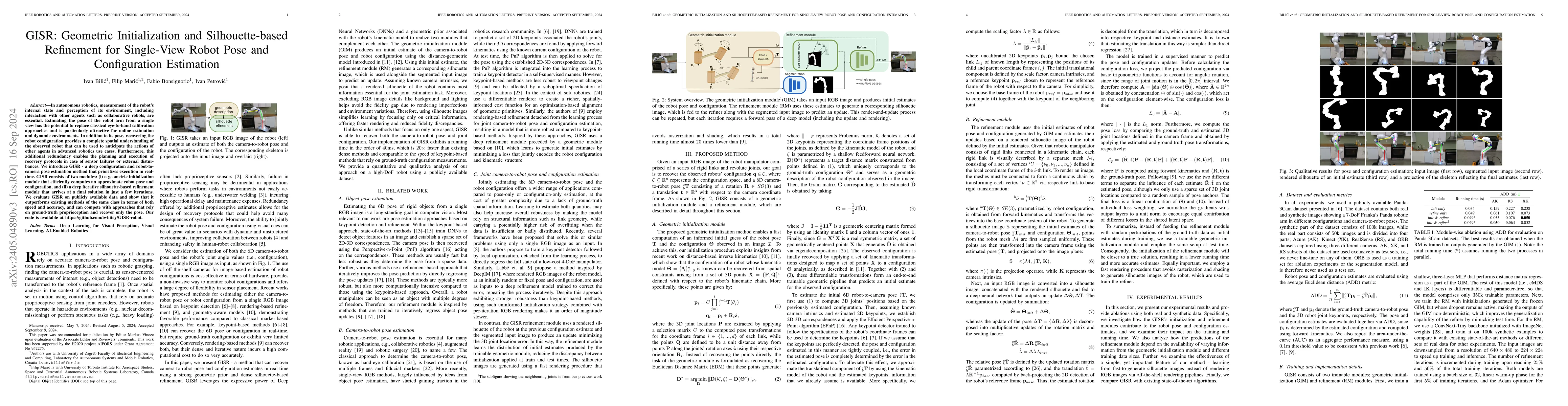 Thumbnail for GISR: Geometric Initialization and Silhouette-based Refinement for
  Single-View Robot Pose and Configuration Estimation