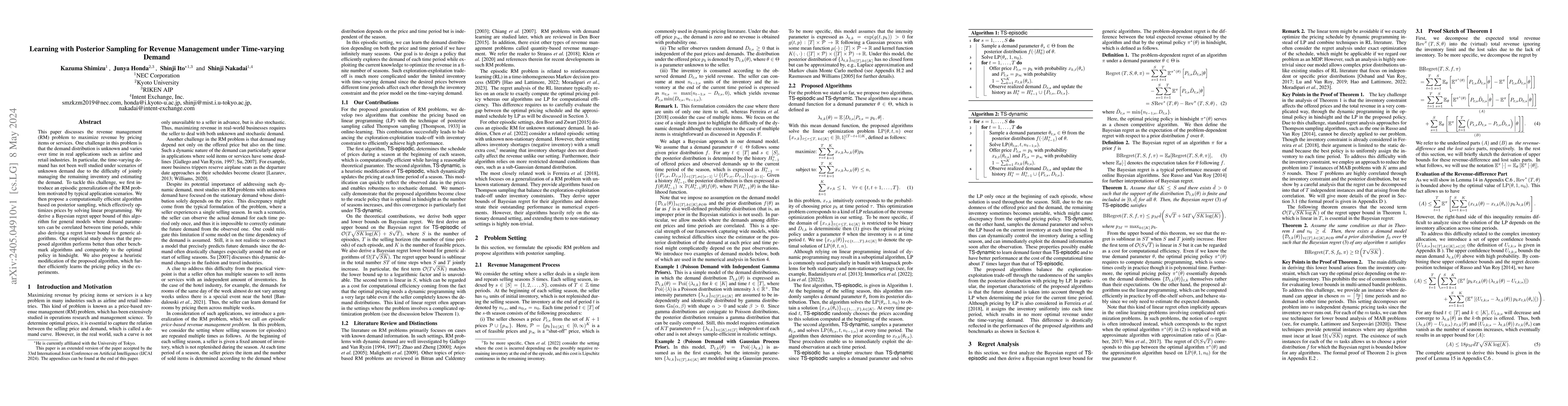 Thumbnail for Learning with Posterior Sampling for Revenue Management under
  Time-varying Demand
