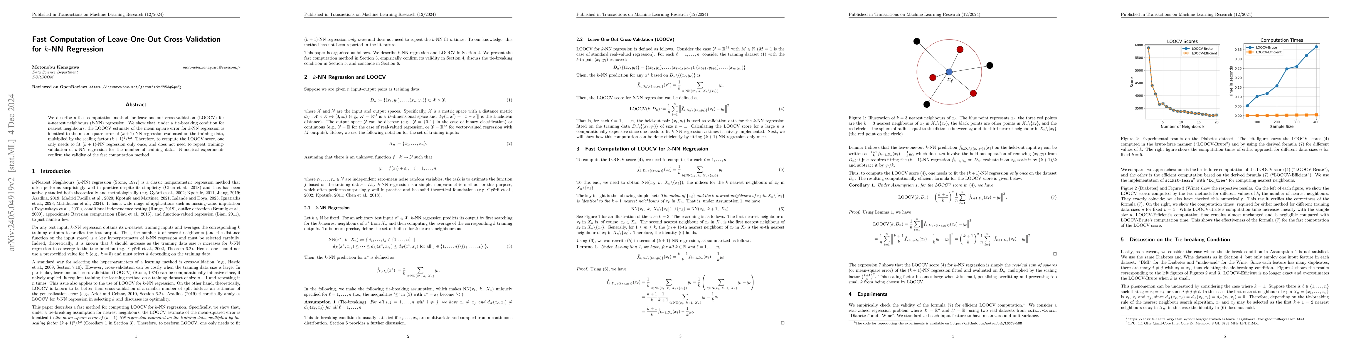 Thumbnail for Fast Computation of Leave-One-Out Cross-Validation for $k$-NN Regression
