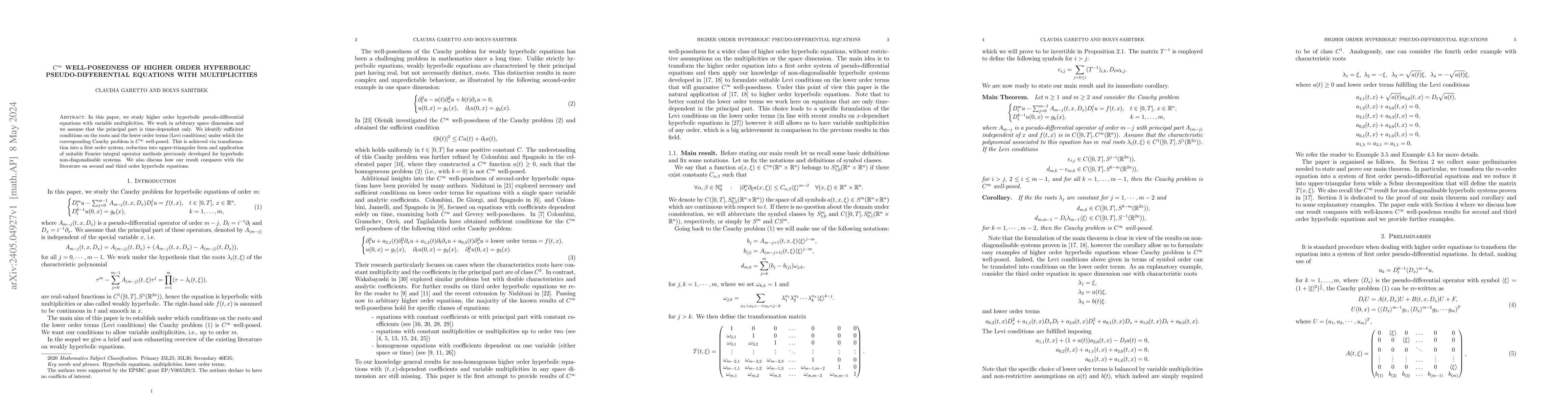 Thumbnail for $C^\infty$ well-posedness of higher order hyperbolic pseudo-differential
  equations with multiplicities