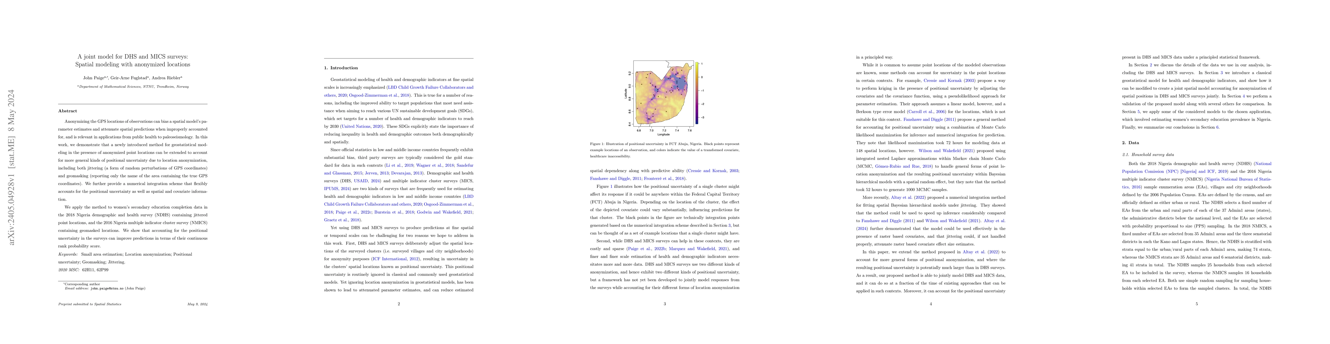 Thumbnail for A joint model for DHS and MICS surveys: Spatial modeling with anonymized
  locations