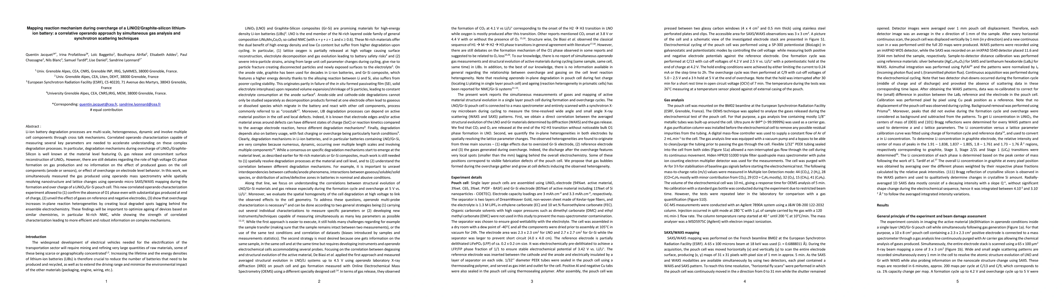 Thumbnail for Mapping reaction mechanism during overcharge of a
  LiNiO2/Graphite-silicon lithium-ion battery: a correlative operando approach
  by simultaneous gas analysis and synchrotron scattering techniques