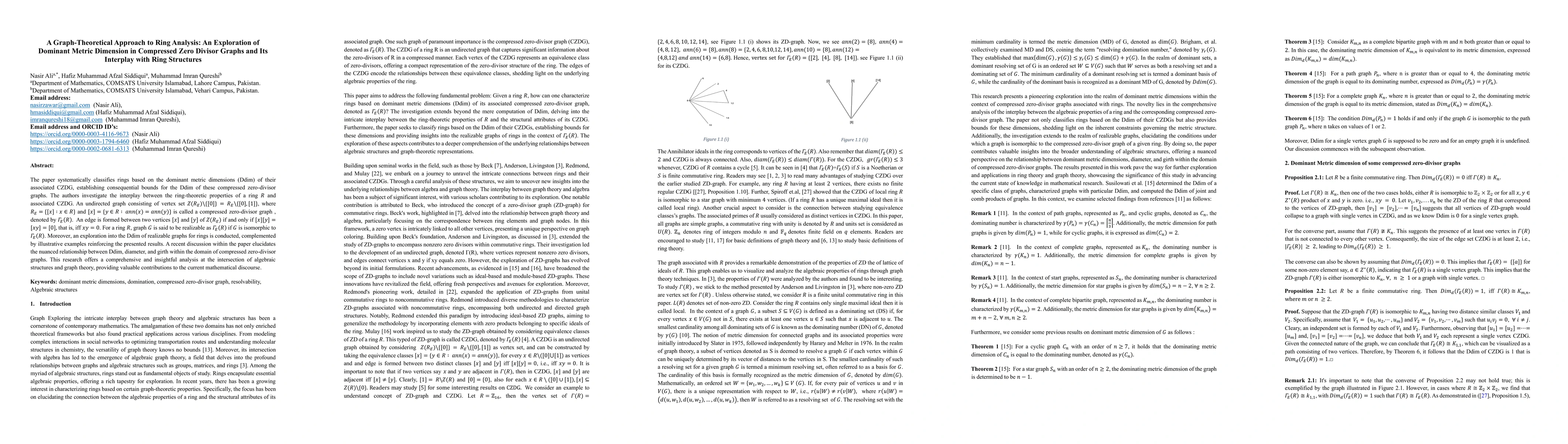 Thumbnail for A Graph-Theoretical Approach to Ring Analysis: An Exploration of
  Dominant Metric Dimension in Compressed Zero Divisor Graphs and Its Interplay
  with Ring Structures