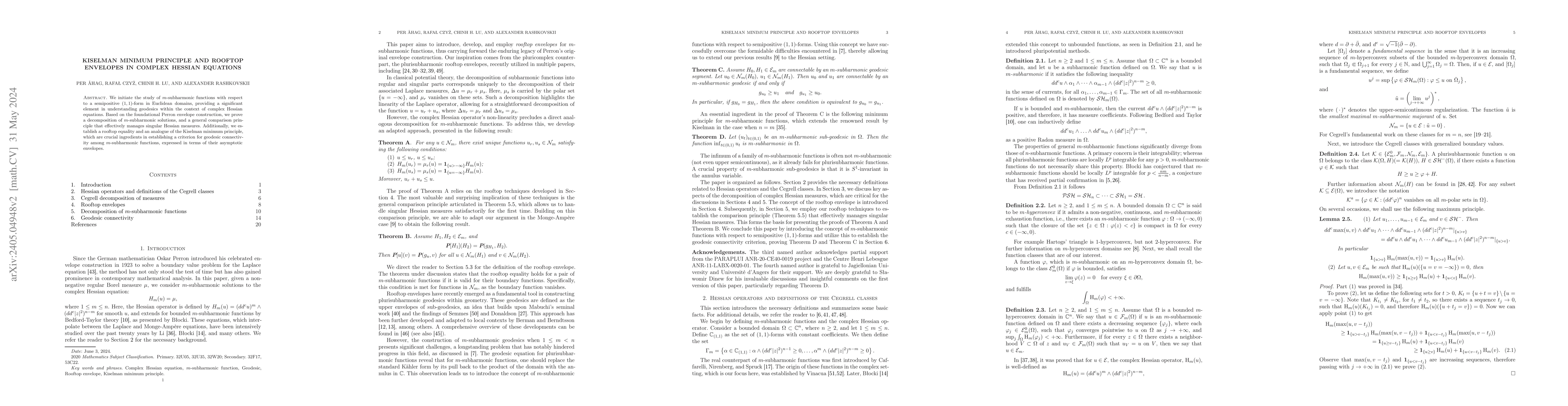 Thumbnail for Kiselman Minimum Principle and Rooftop Envelopes in Complex Hessian
  Equations