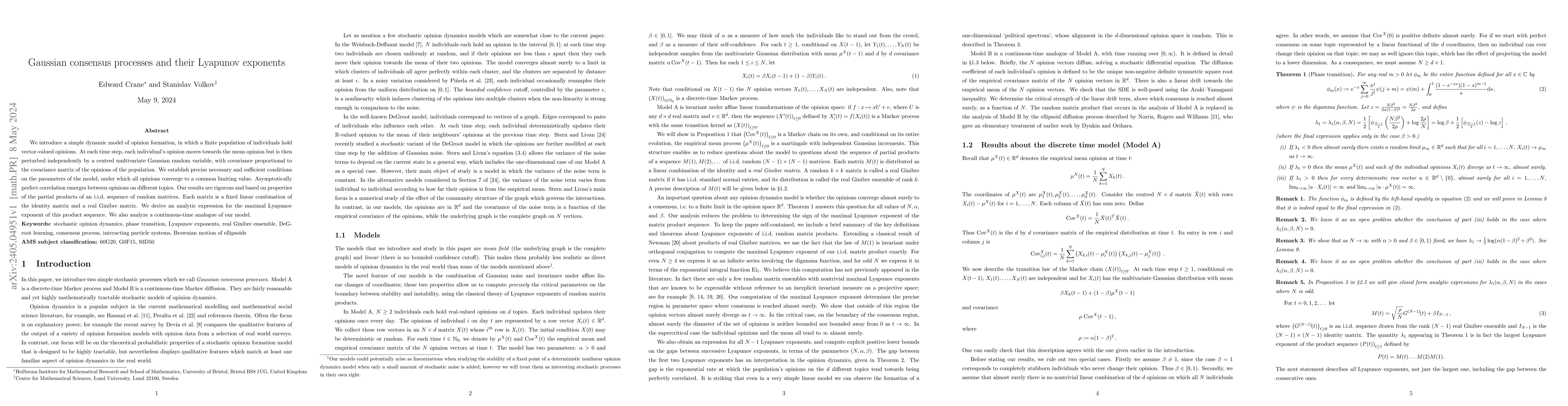 Thumbnail for Gaussian consensus processes and their Lyapunov exponents