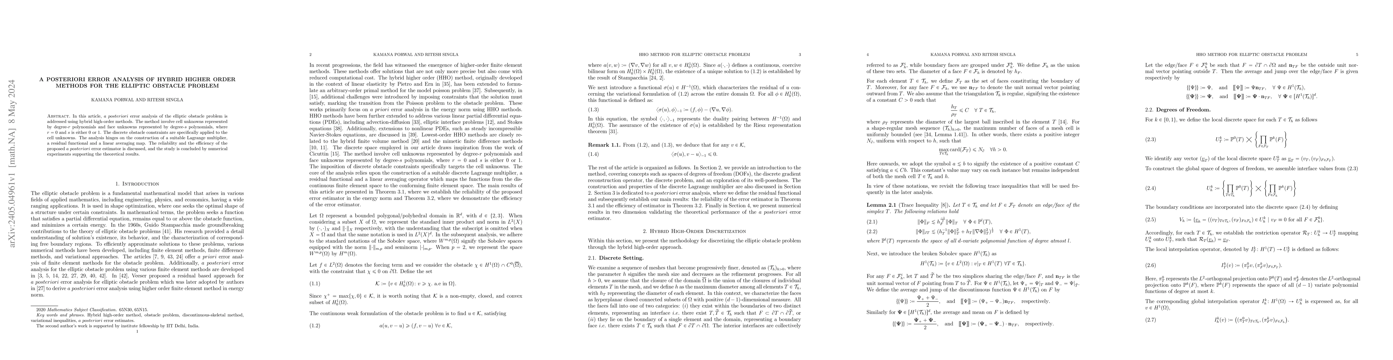 Thumbnail for A posteriori error analysis of hybrid higher order methods for the
  elliptic obstacle problem