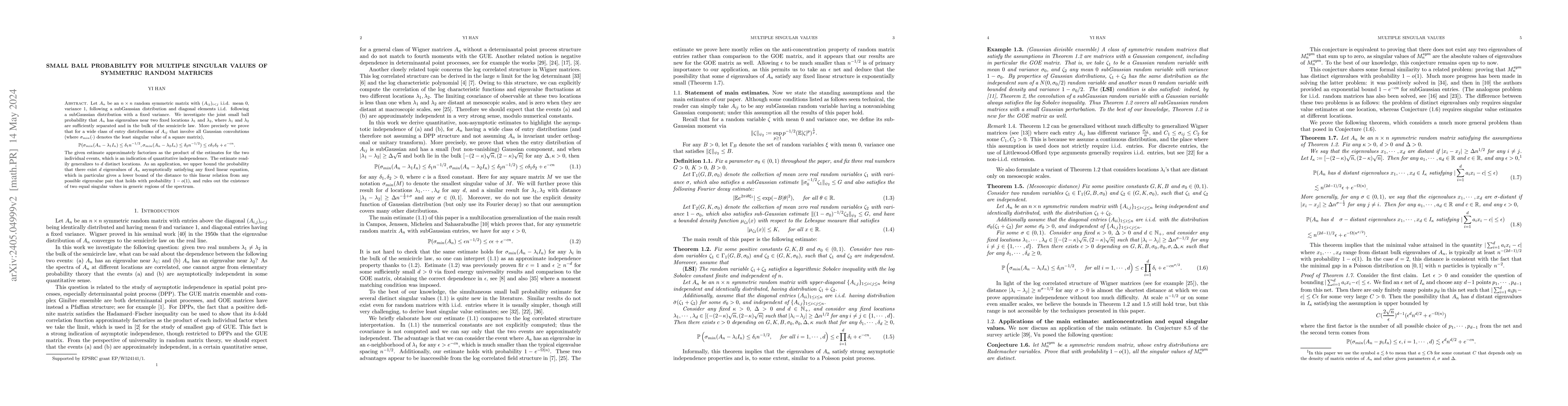 Thumbnail for Small ball probability for multiple singular values of symmetric random
  matrices