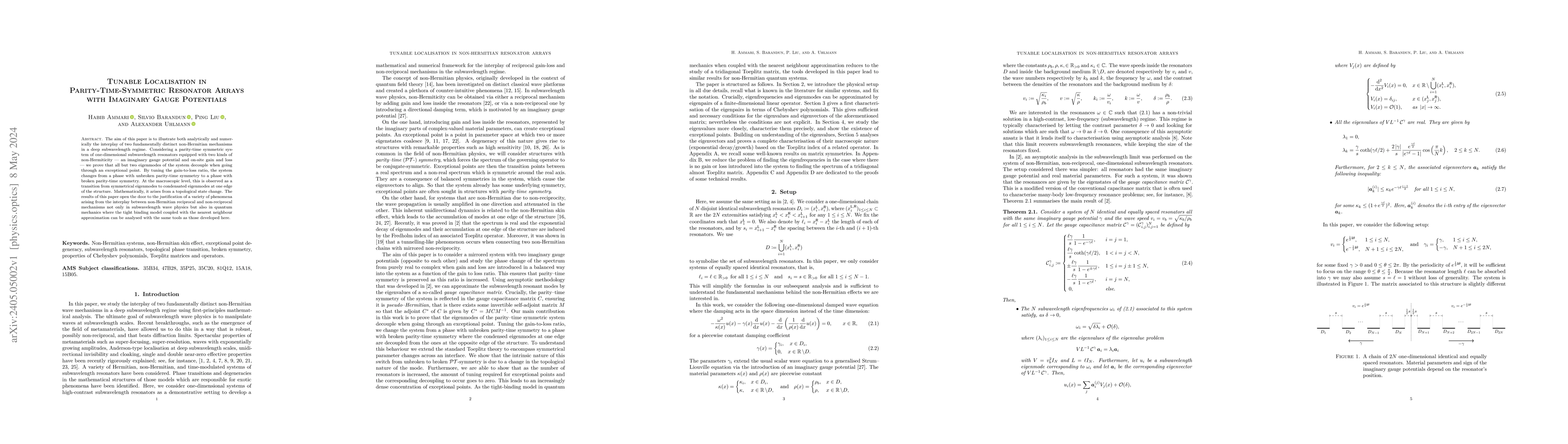 Thumbnail for Tunable Localisation in Parity-Time-Symmetric Resonator Arrays with
  Imaginary Gauge Potentials