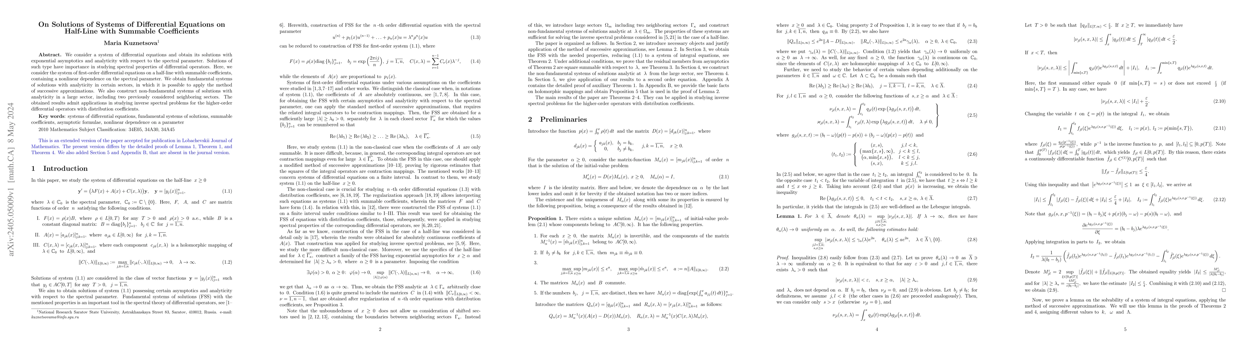 Thumbnail for On Solutions of Systems of Differential Equations on Half-Line with
  Summable Coefficients