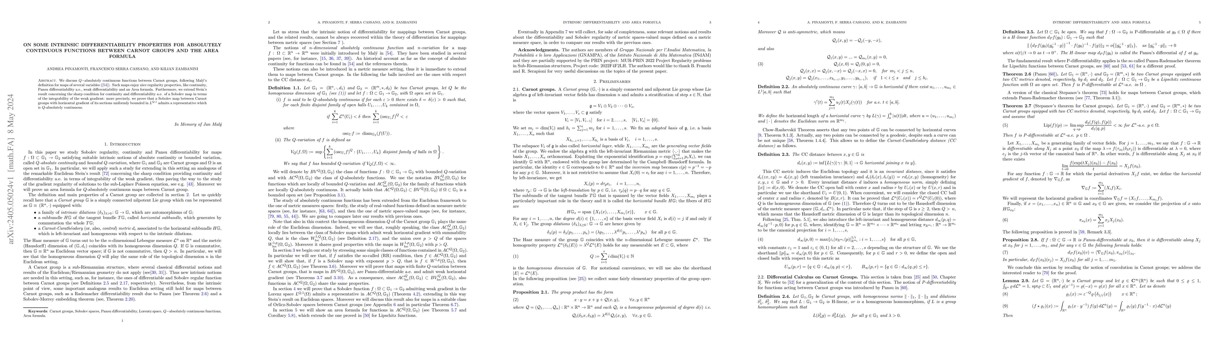 Thumbnail for On some intrinsic differentiability properties for Absolutely continuous
  functions between Carnot groups and the Area formula