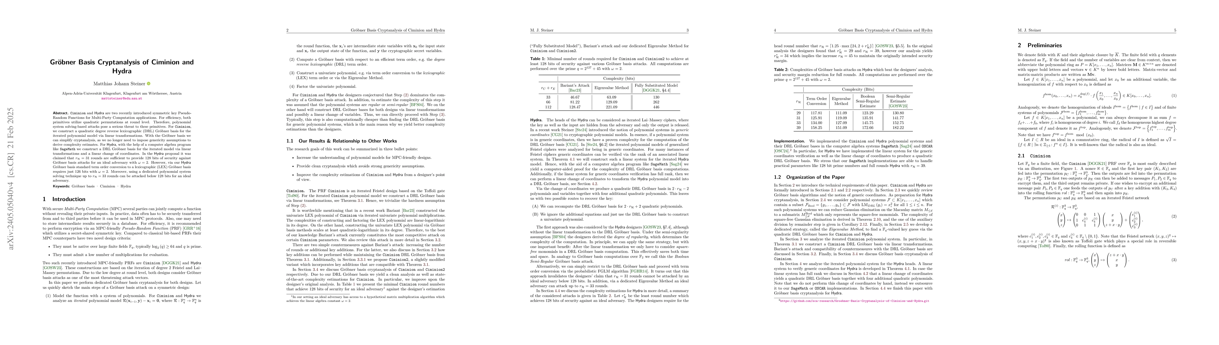 Thumbnail for Gr\"obner Basis Cryptanalysis of Ciminion and Hydra
