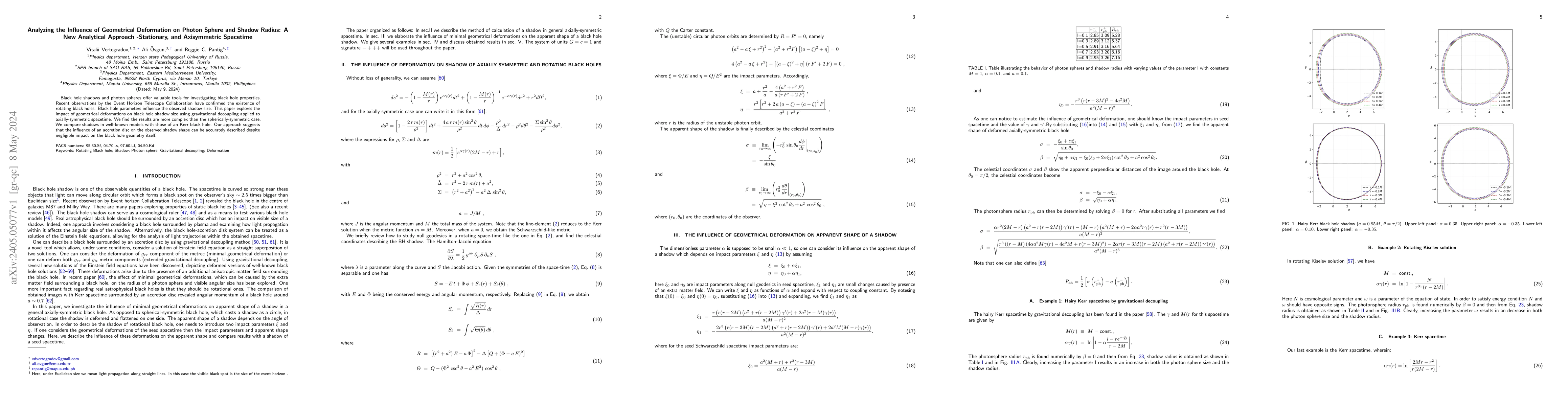 Thumbnail for Analyzing the Influence of Geometrical Deformation on Photon Sphere and
  Shadow Radius: A New Analytical Approach -Stationary, and Axisymmetric
  Spacetime