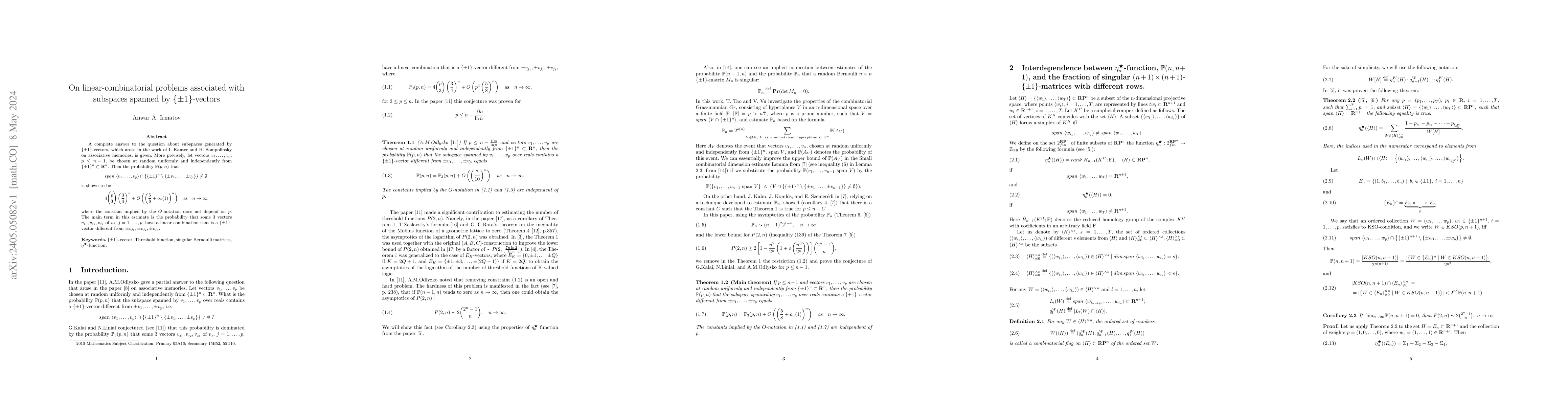 Thumbnail for On linear-combinatorial problems associated with subspaces spanned by
  $\{\pm 1\}$-vectors