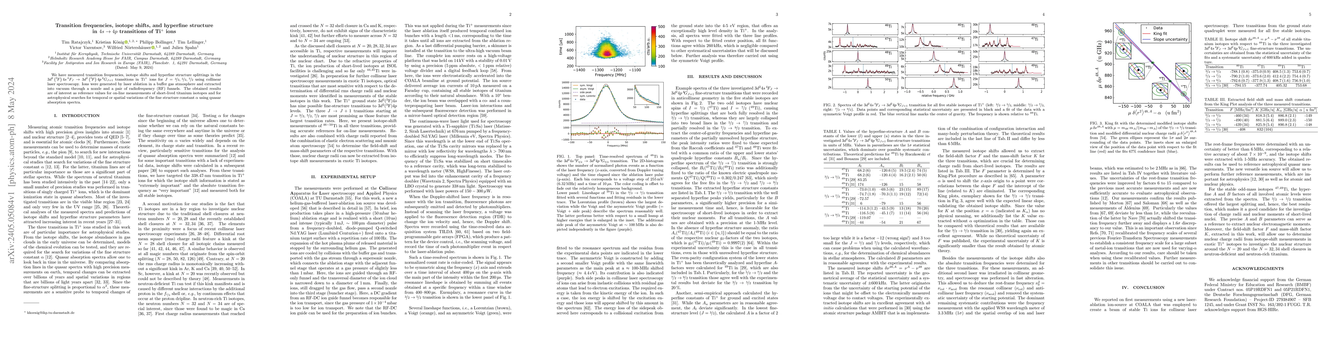 Thumbnail for Transition frequencies, isotope shifts, and hyperfine structure in $4s
  \rightarrow 4p$ transitions of Ti$^+$ ions