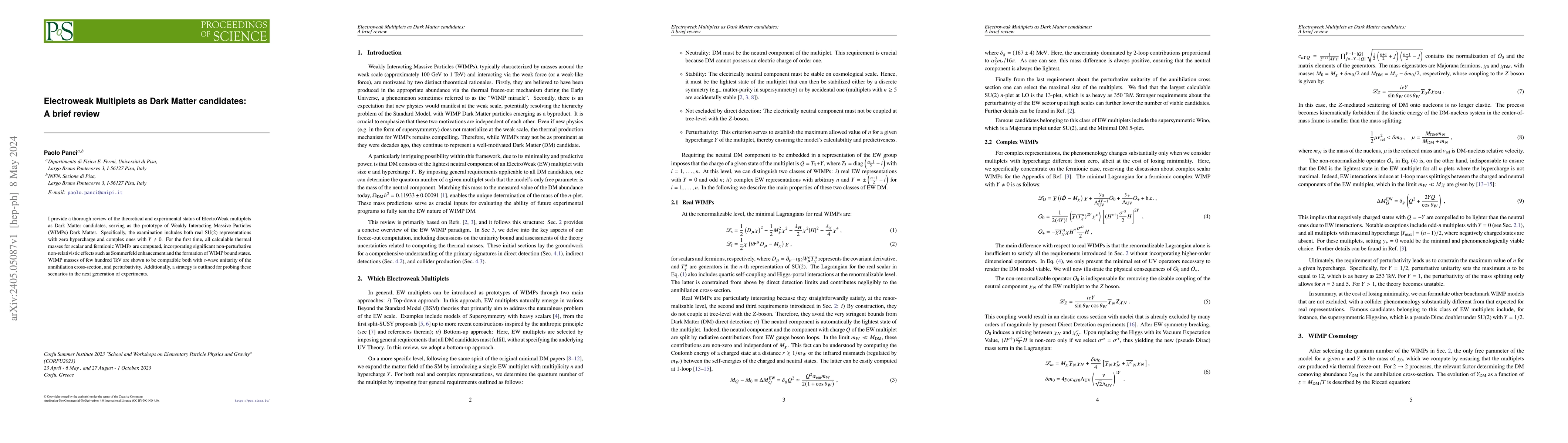 Thumbnail for Electroweak Multiplets as Dark Matter candidates: A brief review