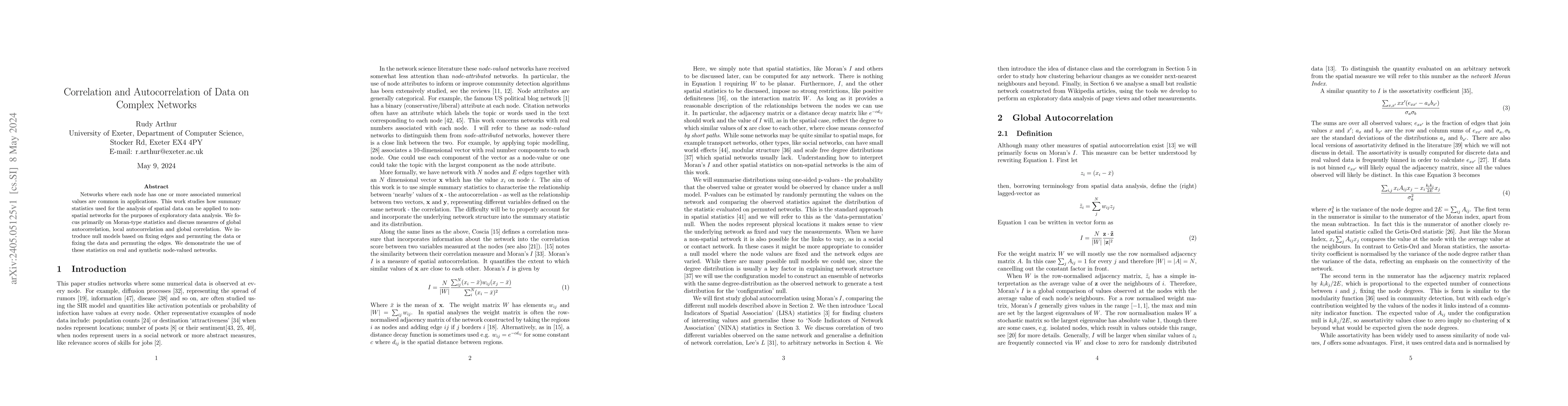 Thumbnail for Correlation and Autocorrelation of Data on Complex Networks