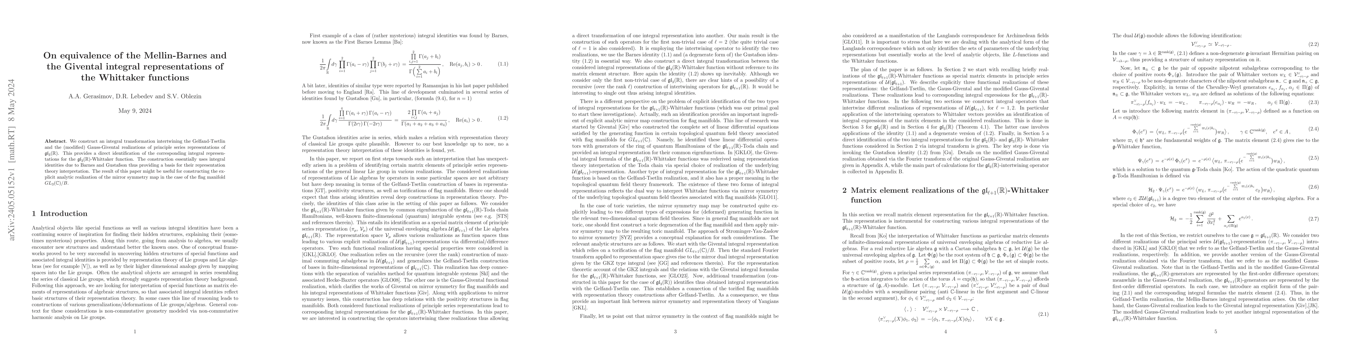 Thumbnail for On equivalence of the Mellin-Barnes and the Givental integral
  representations of the Whittaker functions