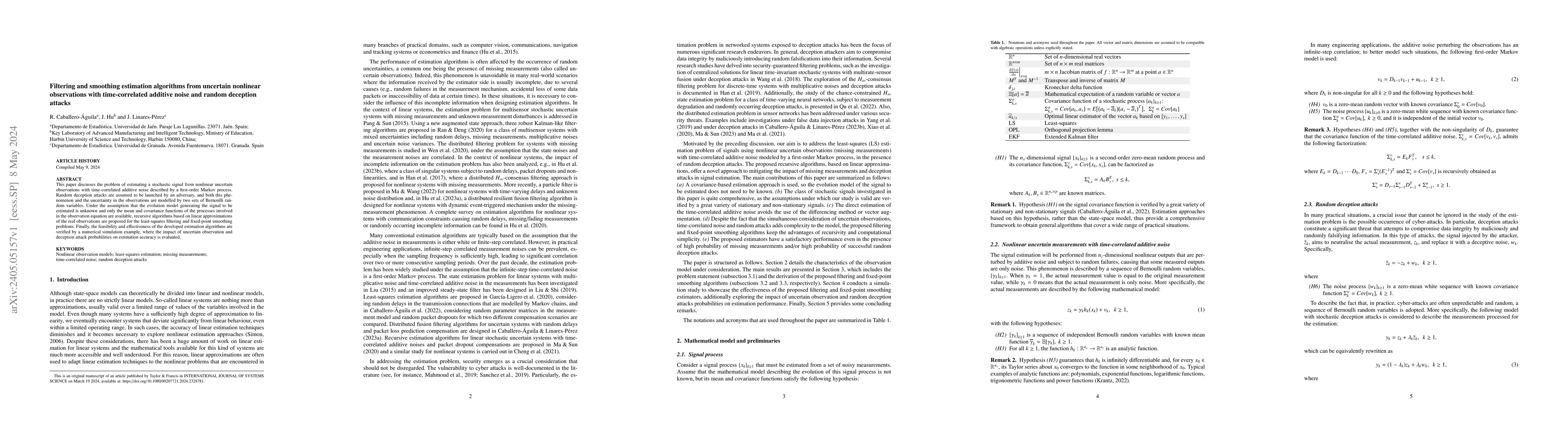 Thumbnail for Filtering and smoothing estimation algorithms from uncertain nonlinear
  observations with time-correlated additive noise and random deception attacks