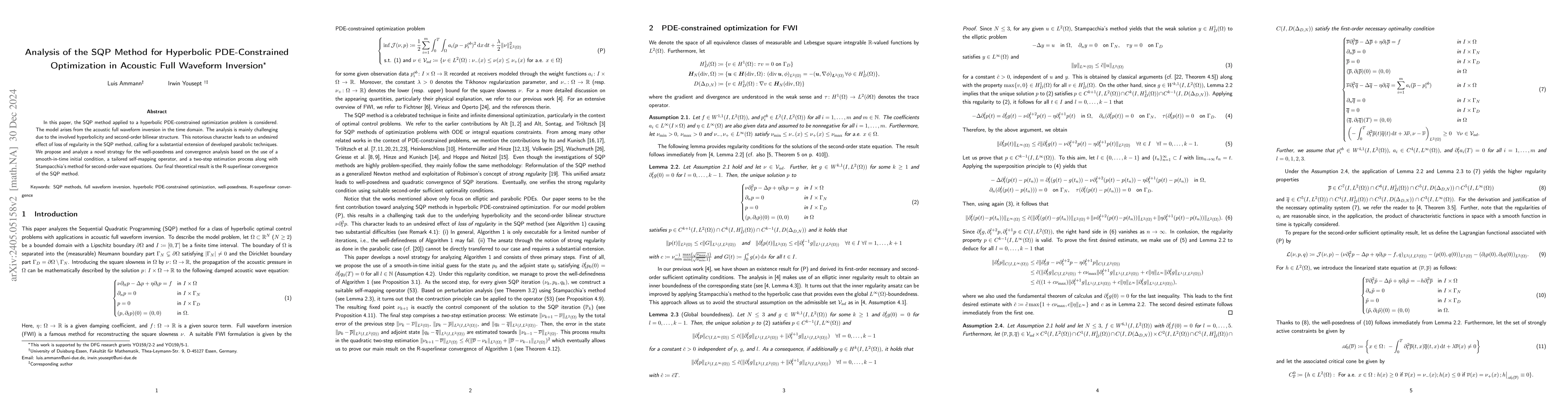 Thumbnail for Analysis of the SQP Method for Hyperbolic PDE-Constrained Optimization
  in Acoustic Full Waveform Inversion