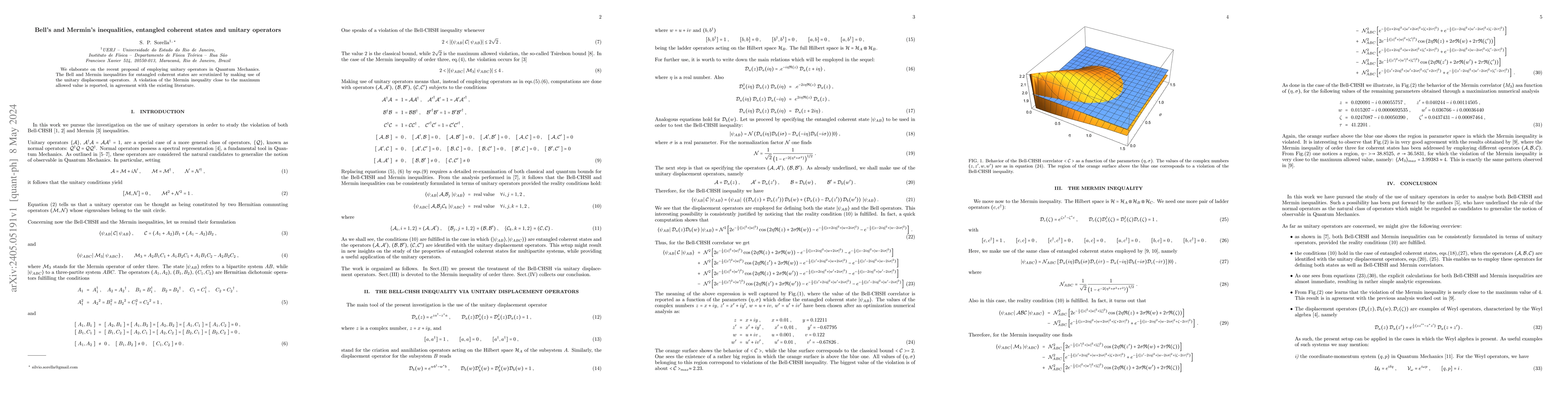 Thumbnail for Bell's and Mermin's inequalities, entangled coherent states and unitary
  operators