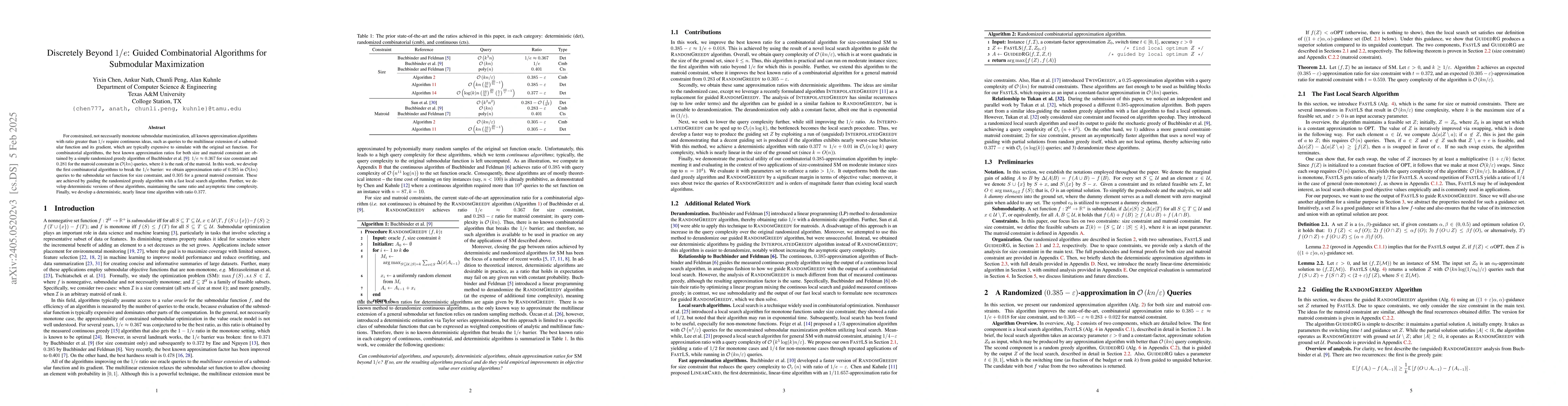 Thumbnail for Discretely Beyond $1/e$: Guided Combinatorial Algorithms for Submodular
  Maximization