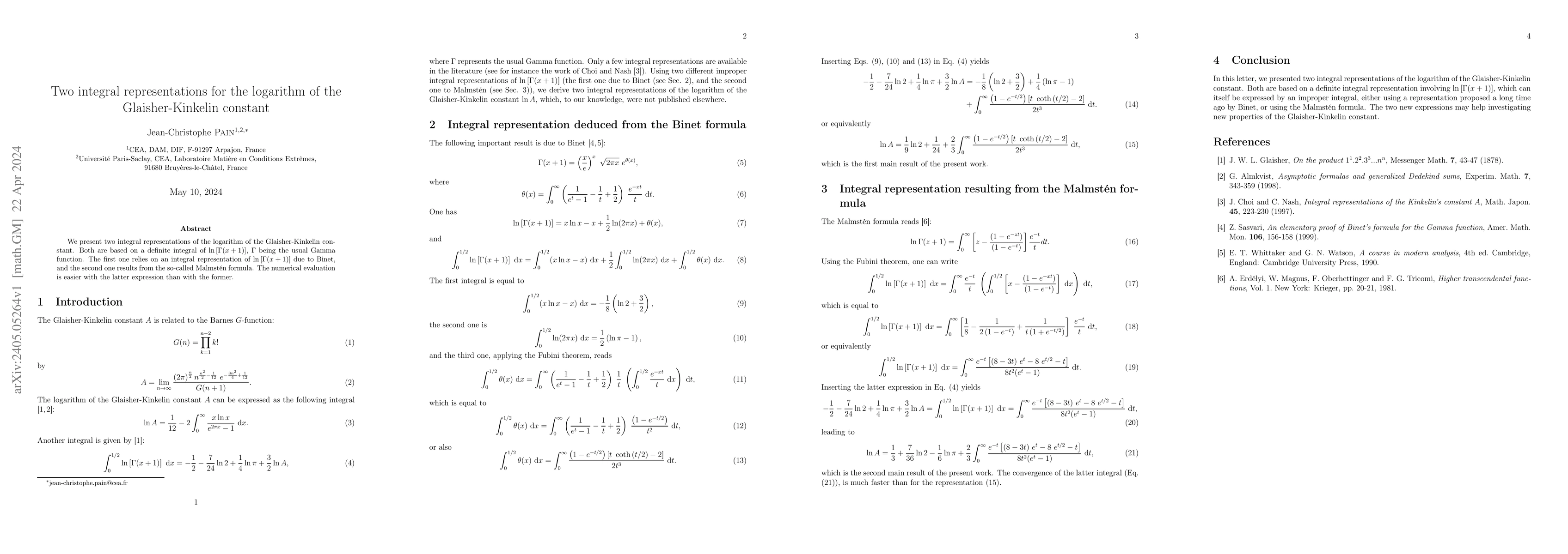 Thumbnail for Two integral representations for the logarithm of the Glaisher-Kinkelin
  constant