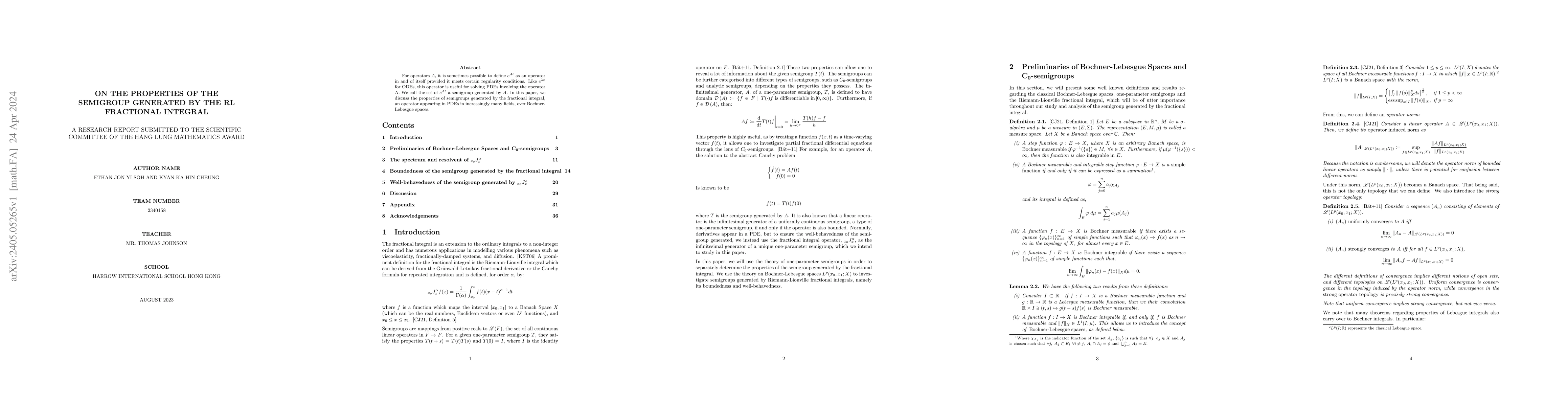 Thumbnail for On the Properties of the Semigroup Generated by the RL Fractional
  Integral