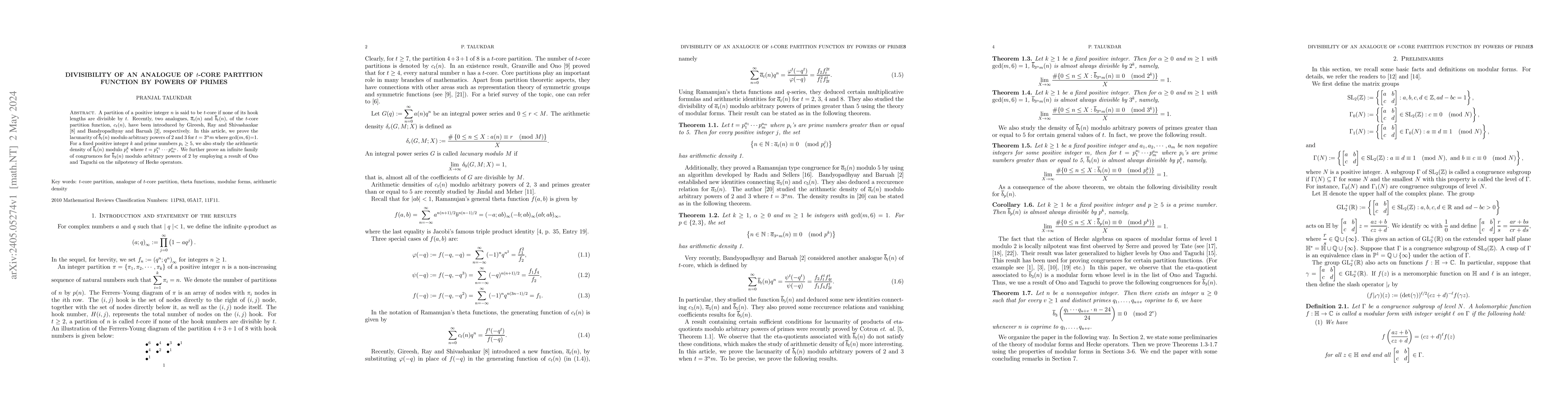 Thumbnail for Divisibility of an analogue of $t$-core partition function by powers of
  primes