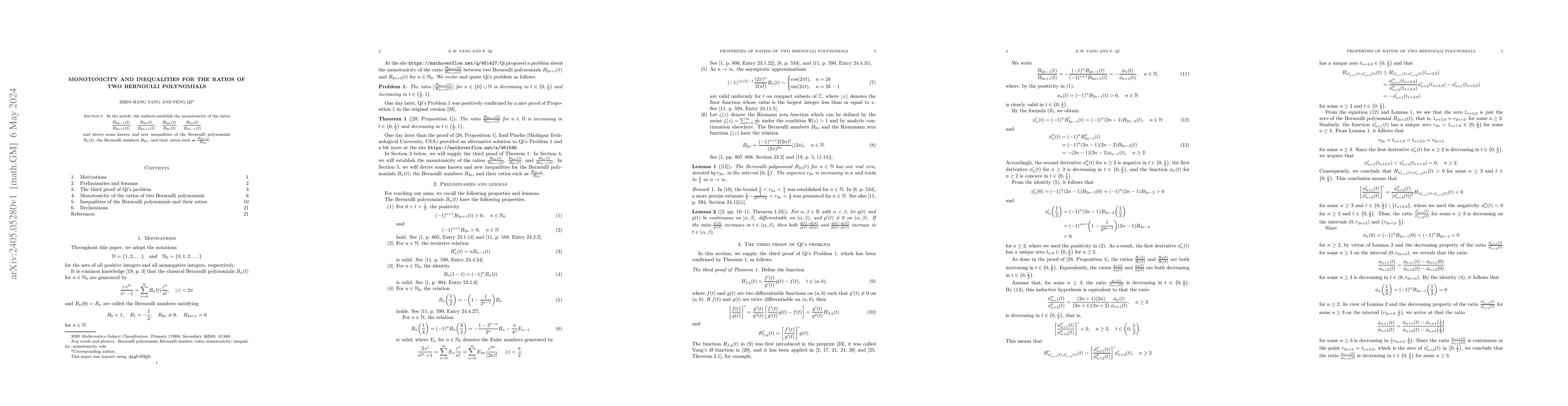 Thumbnail for Monotonicity and inequalities for the ratios of two Bernoulli
  polynomials