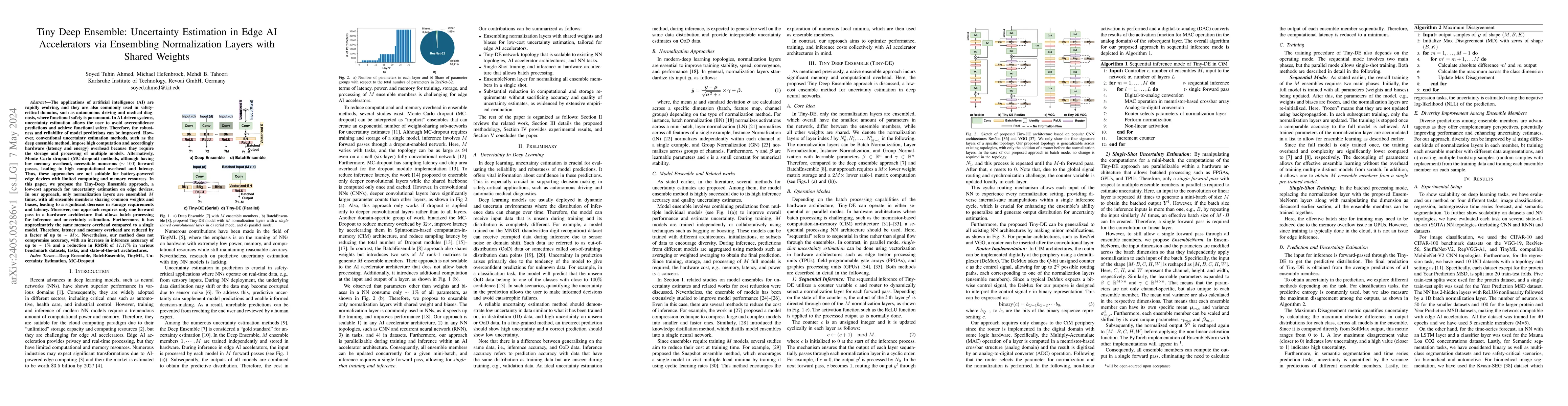 Thumbnail for Tiny Deep Ensemble: Uncertainty Estimation in Edge AI Accelerators via
  Ensembling Normalization Layers with Shared Weights