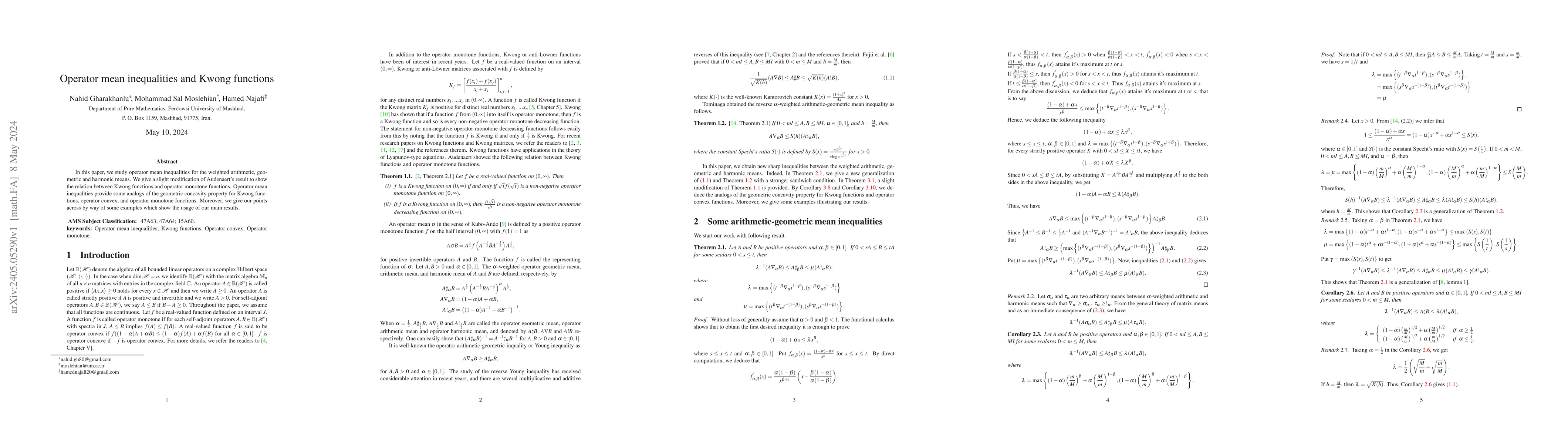 Thumbnail for Operator mean inequalities and Kwong functions